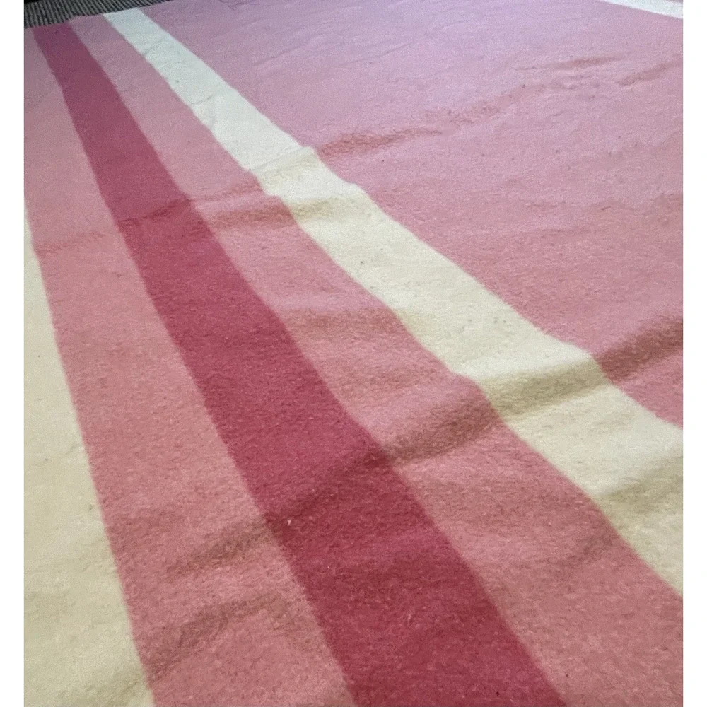 Vtg Baron Woolen Mills Wool Blanket Pink White Stripe Satin Trim 70